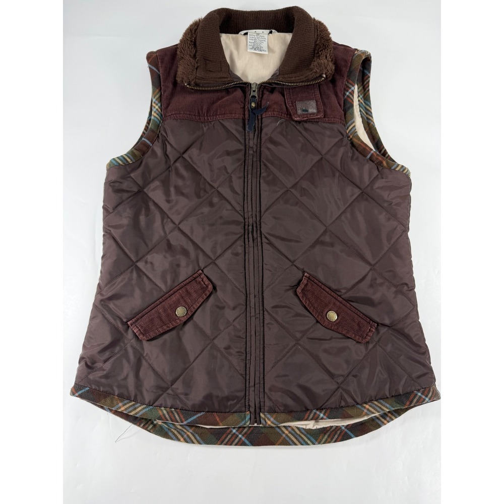 Cabi 694 Brown Quilted Vest Sunflower Lining Corduroy Plaid Trim Womens Medium
